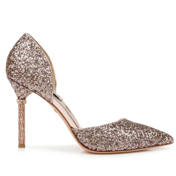 Badgley Mischka Ozara Pointed Toe Stiletto Heel Rose Gold Glitter Evening Pump - Picture 2 of 16